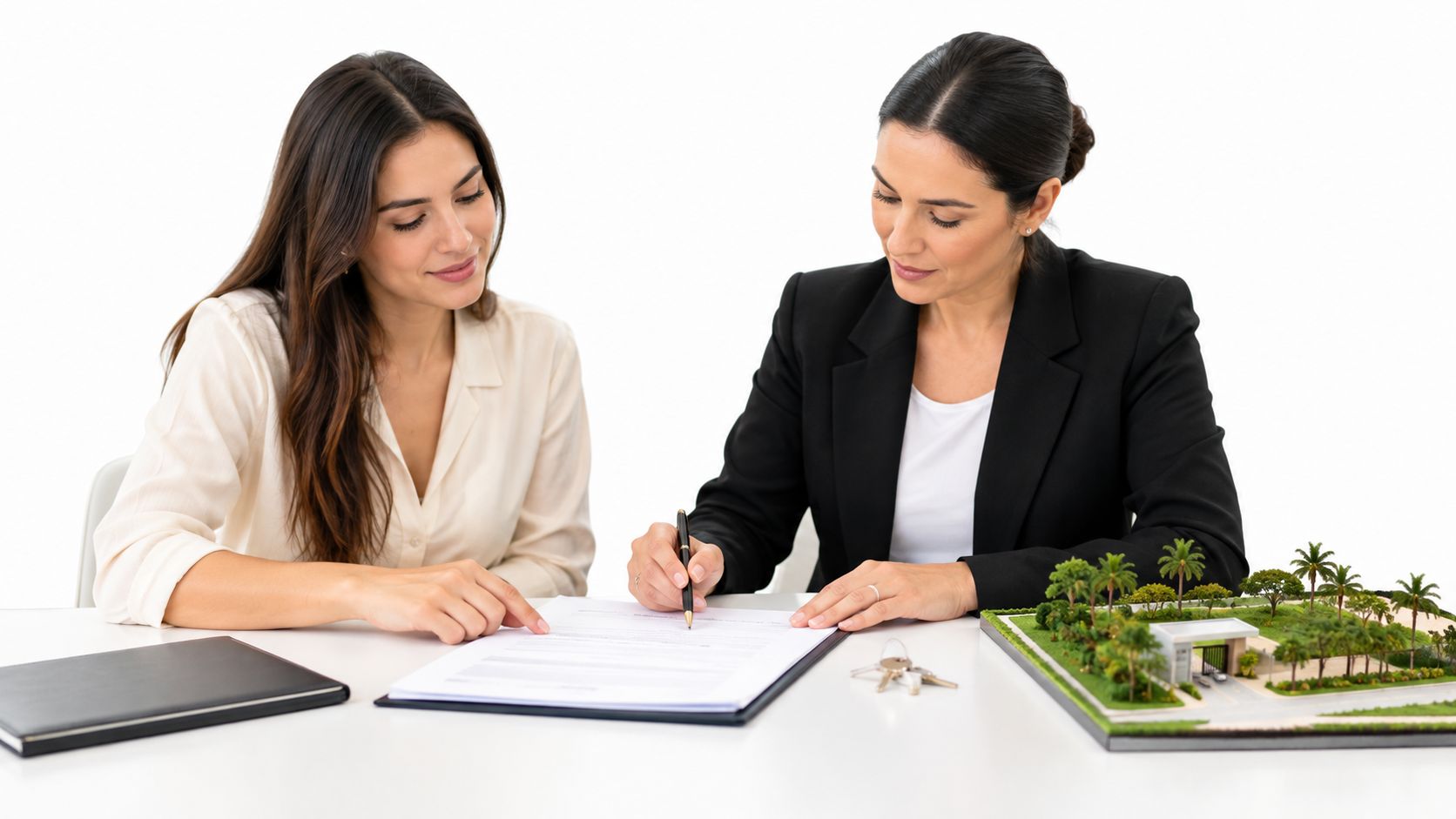 Una agente inmobiliaria y una cliente revisan y firman un contrato para una propiedad residencial nueva.