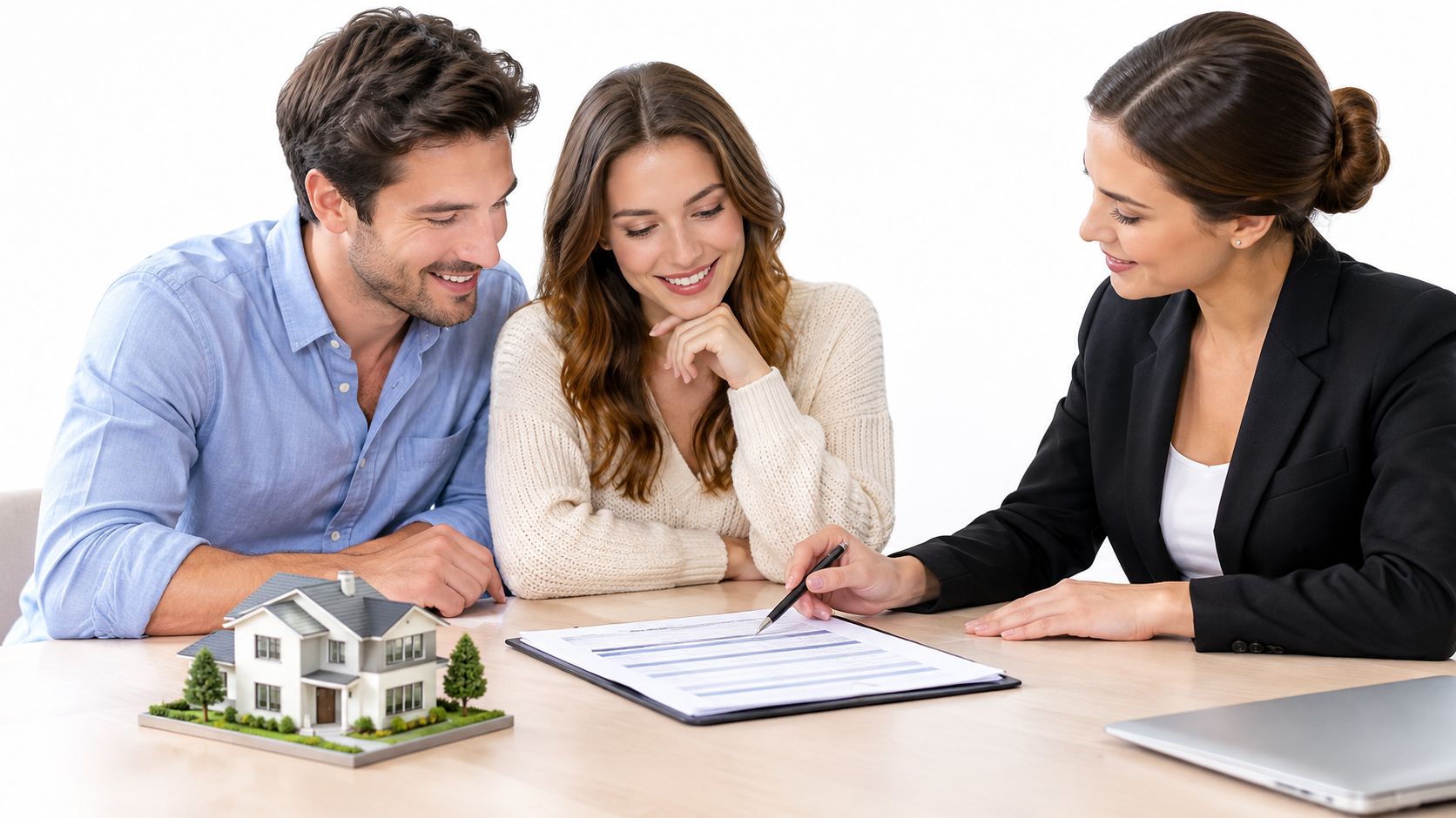 Una pareja joven revisando un contrato de compra de vivienda con una asesora inmobiliaria en una oficina