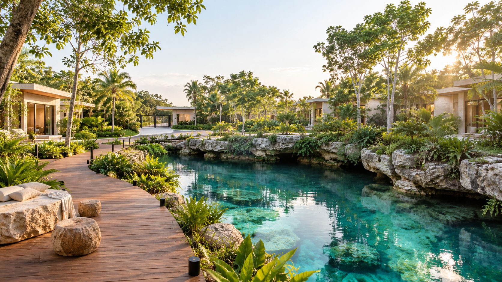 Lujoso resort en la selva con pasarela de madera, piscina natural cristalina y cabañas modernas rodeadas de vegetación.