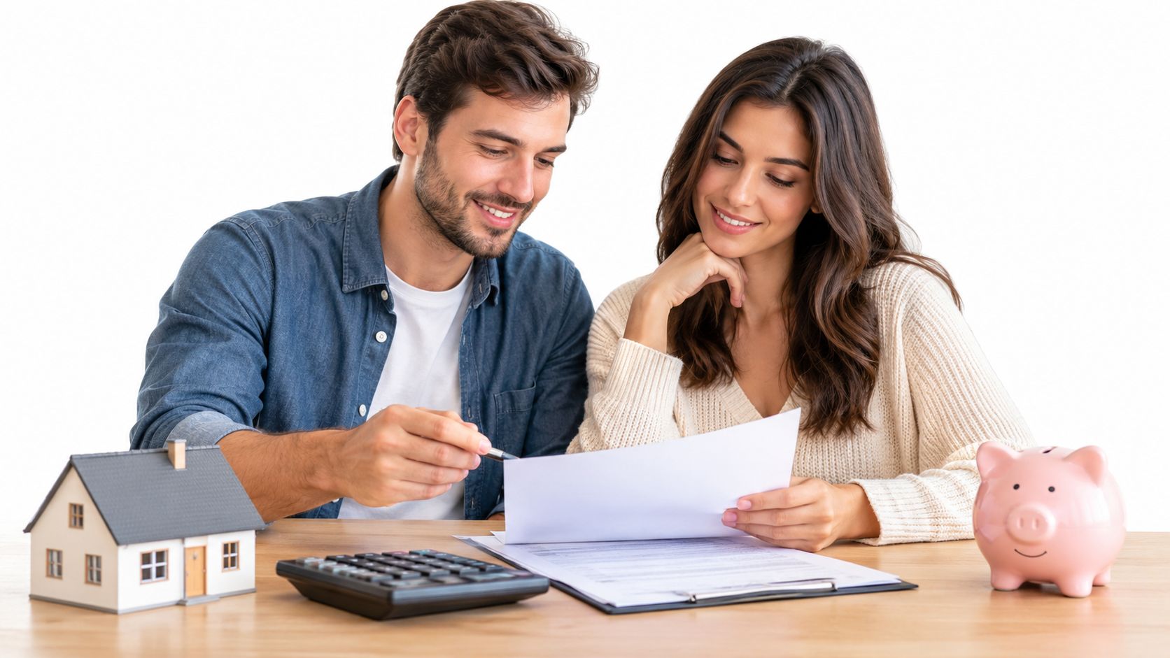 Una joven pareja sentada a una mesa revisando documentos financieros y planos para comprar su primera vivienda