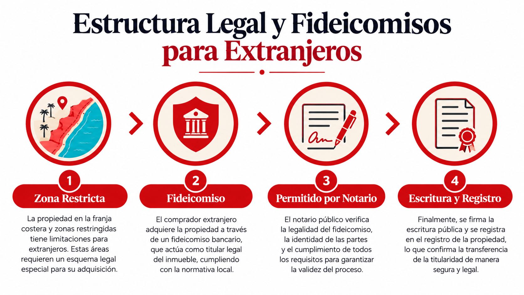 Infografía sobre el proceso legal de compra de bienes raíces en zonas costeras restringidas para extranjeros.