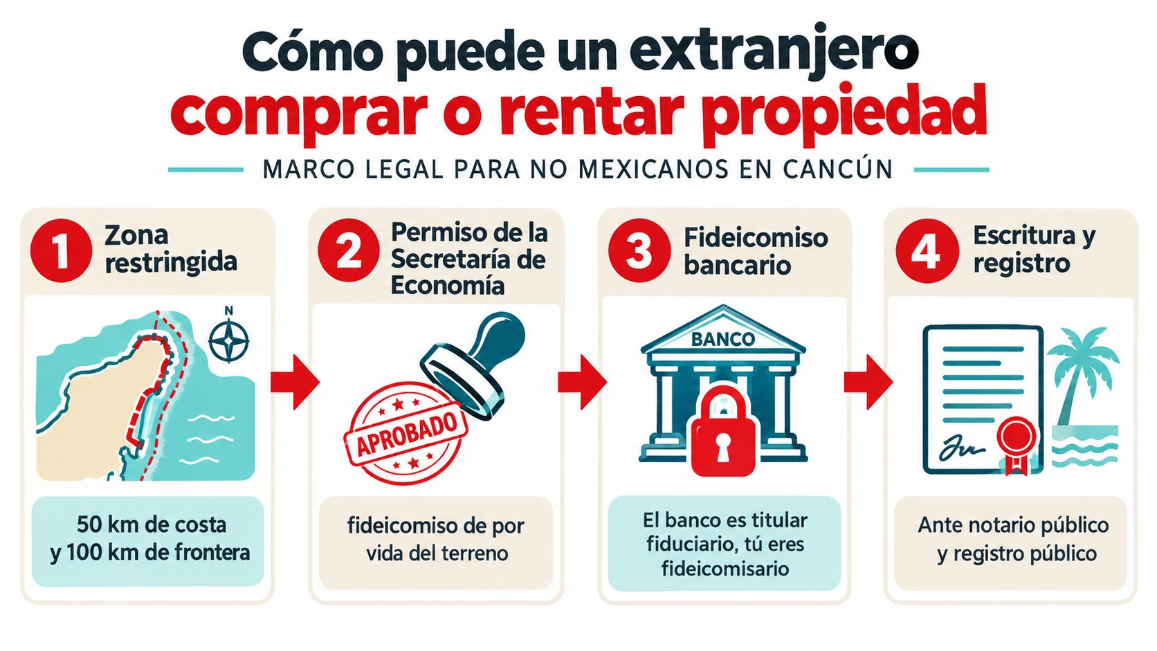 Infografía legal sobre cómo los extranjeros pueden comprar o rentar propiedades inmobiliarias en Cancún, México.
