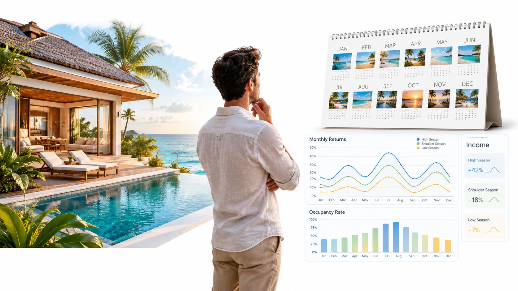 Hombre observando una villa de lujo con gráficas de rendimiento financiero y calendario de ocupación vacacional.