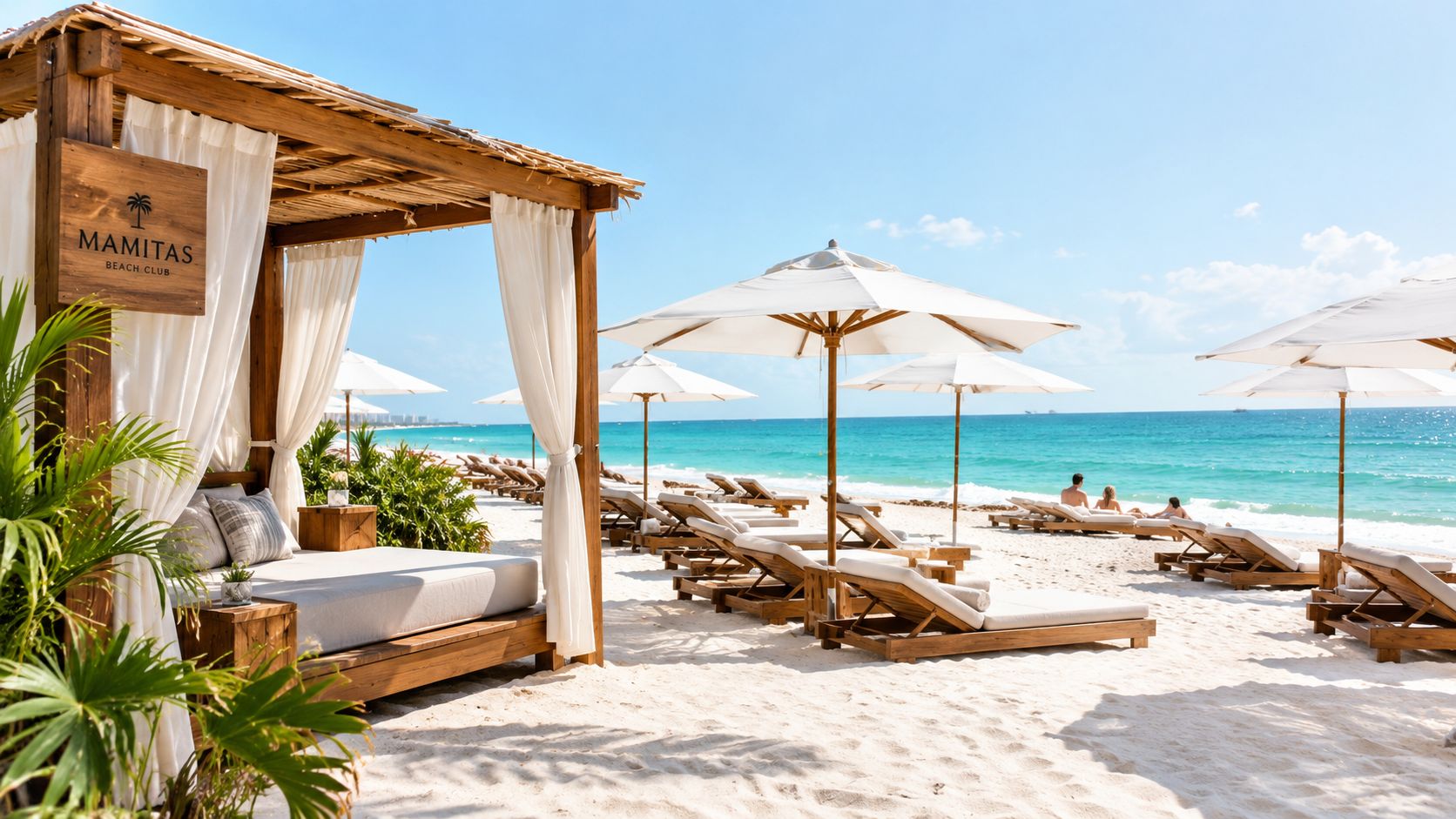 Camas de playa de lujo bajo sombrillas blancas en el famoso Mamitas Beach Club en Playa del Carmen.