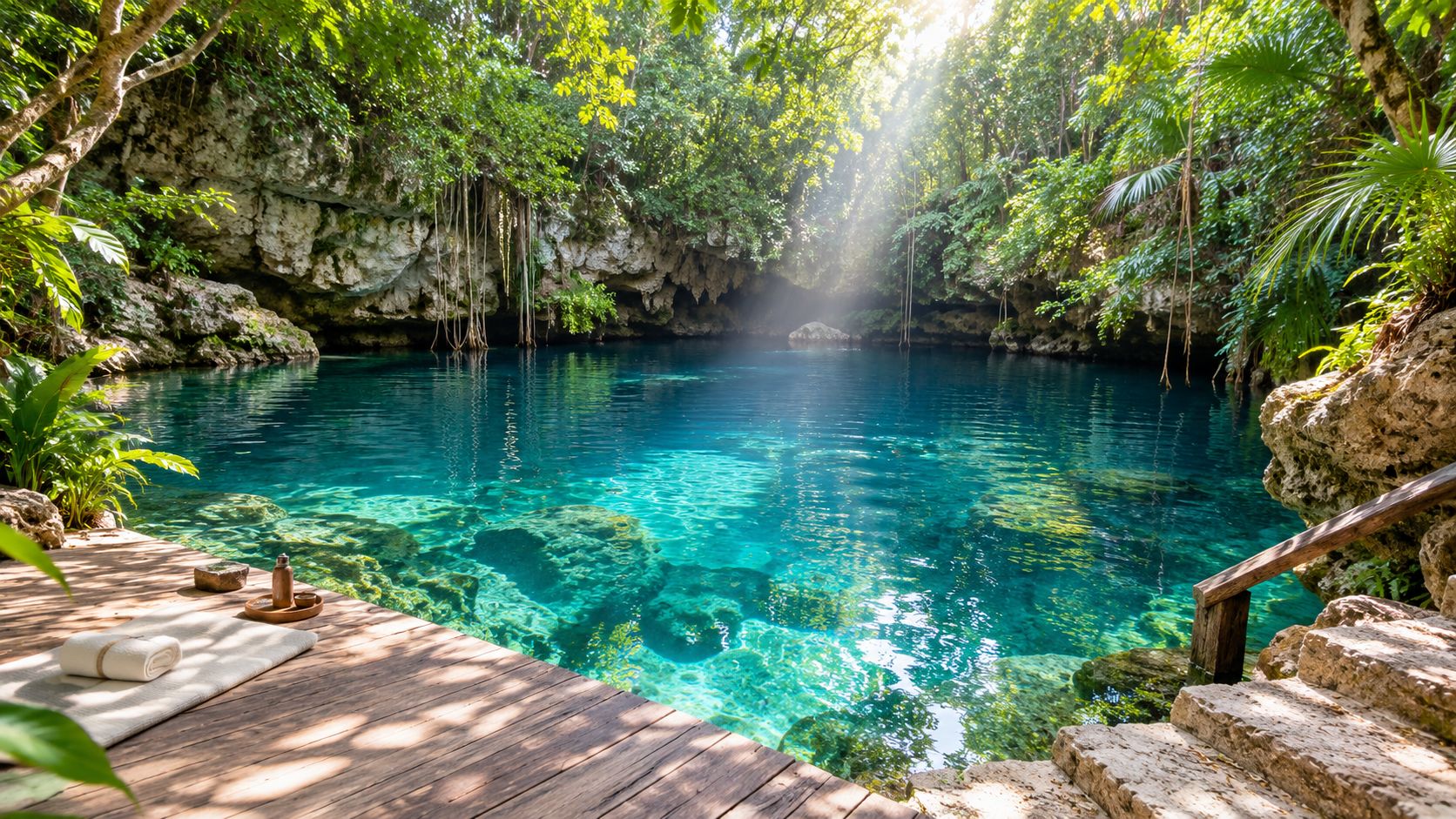 Vista de un cenote cristalino y natural rodeado de exuberante vegetación con una plataforma de madera privada.