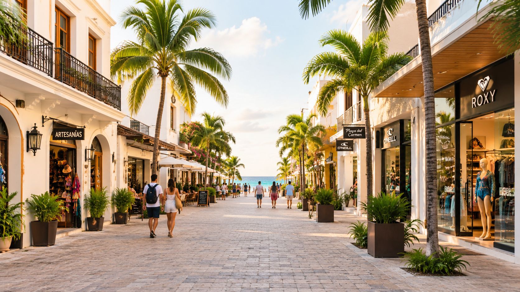 Una pintoresca calle peatonal comercial en Playa del Carmen con tiendas, palmeras y personas caminando hacia el mar.