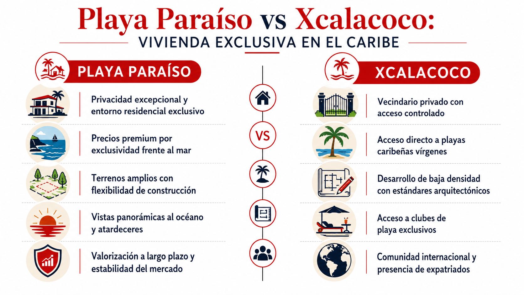 Comparativa de viviendas exclusivas en el Caribe entre Playa Paraíso y Xcalacoco destacando sus principales características inmobiliarias.