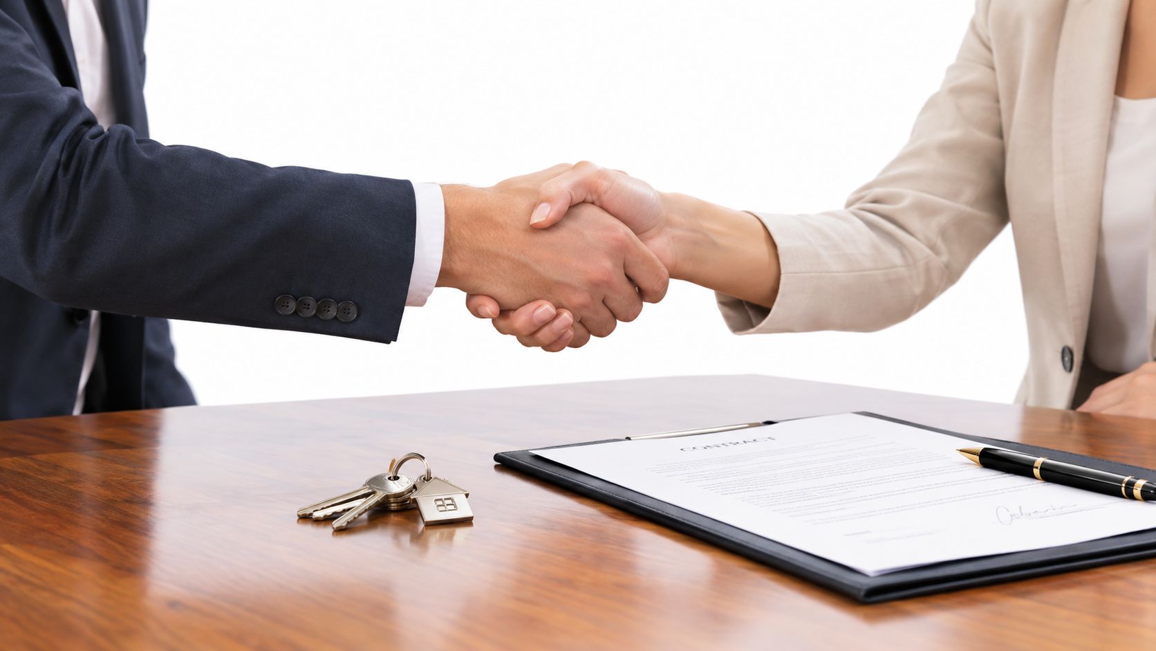 Dos profesionales dándose la mano sobre una mesa con un contrato firmado y un juego de llaves