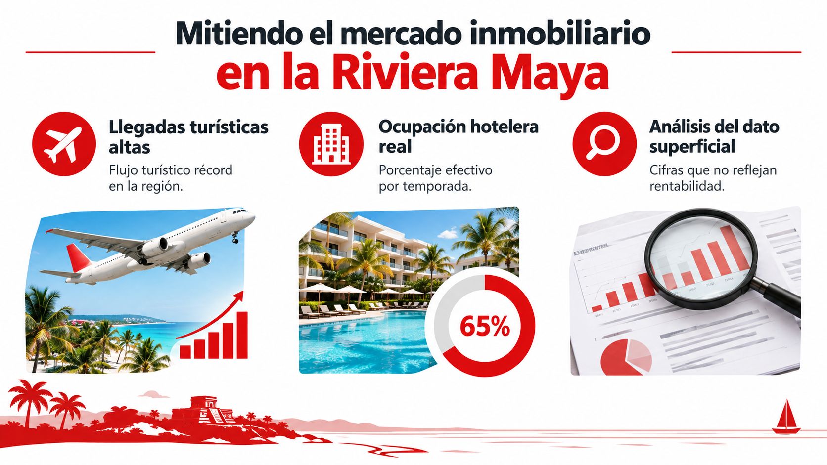 Infografía sobre el mercado inmobiliario en la Riviera Maya con datos turísticos y análisis de rentabilidad.