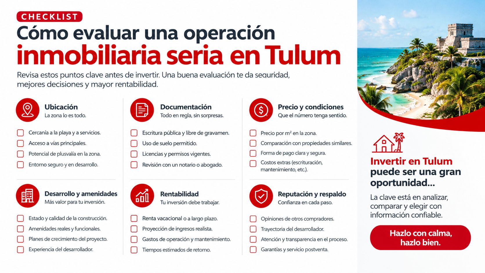 Lista de verificación para evaluar inversiones inmobiliarias seguras y rentables en la zona de Tulum, México.