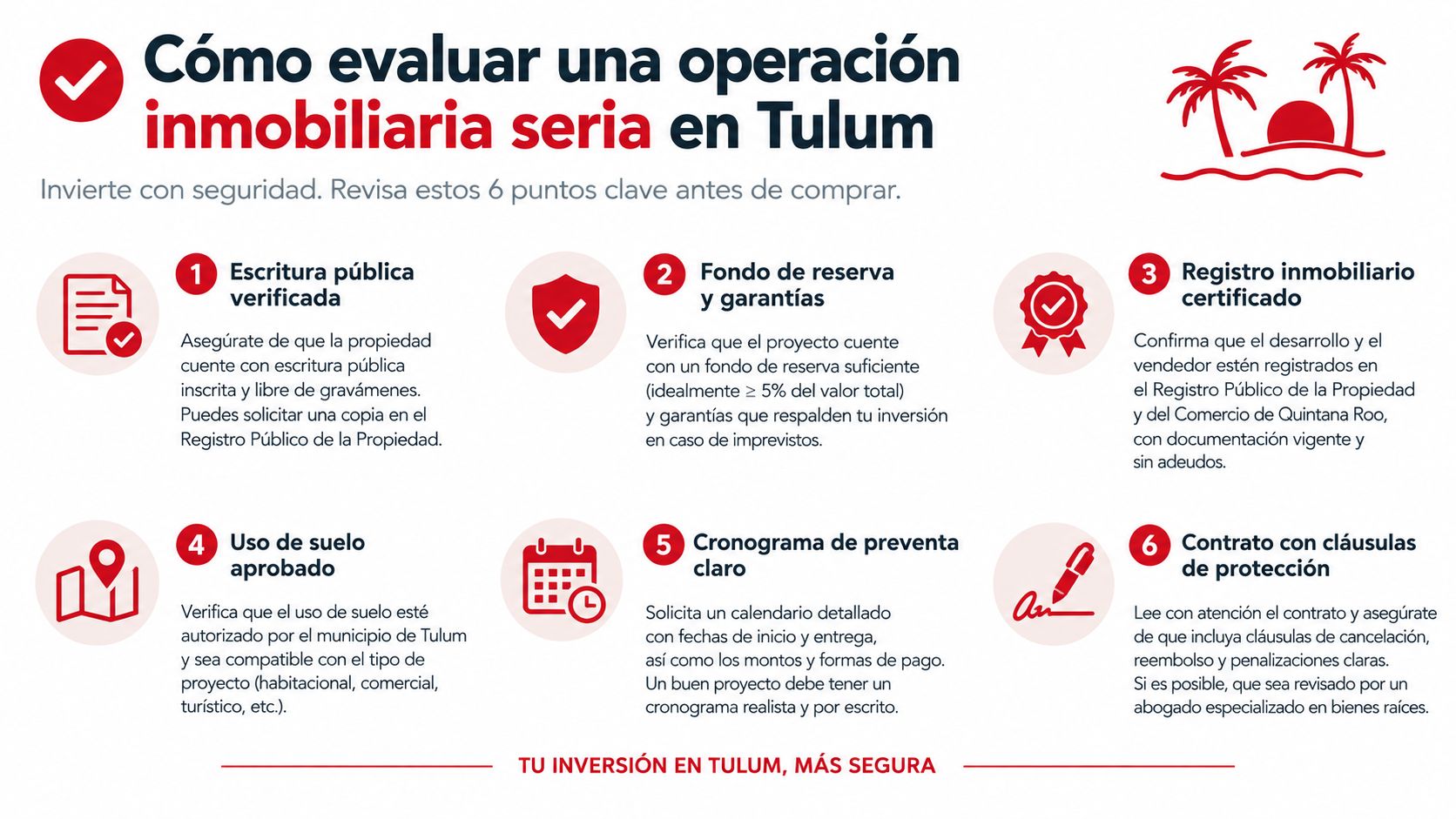 Infografía con seis consejos esenciales para realizar inversiones inmobiliarias seguras en la ciudad de Tulum, México.