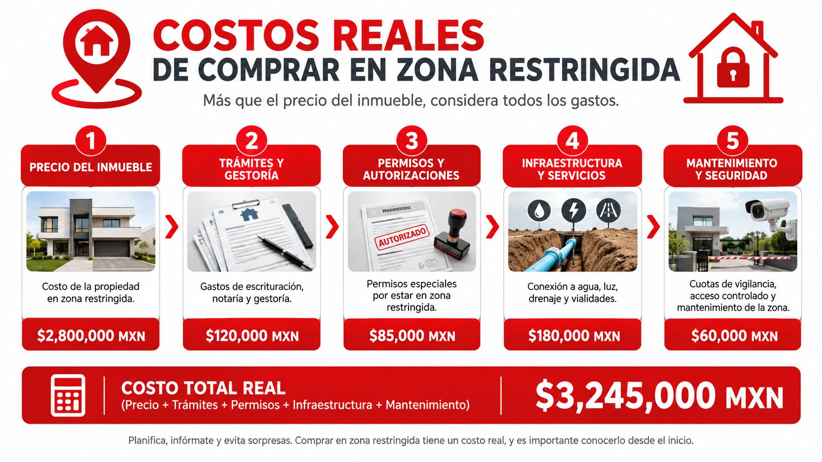Infografía sobre los costos reales de comprar un inmueble en zona restringida detallando diversos gastos asociados.