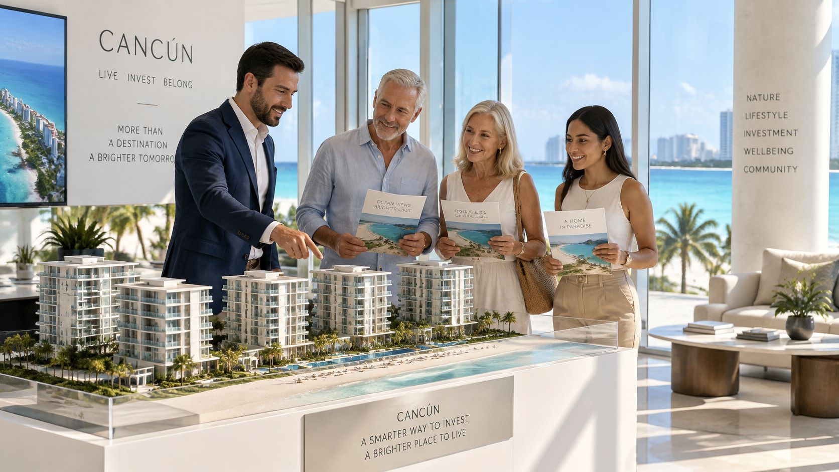 Un agente inmobiliario presenta una maqueta de edificios de lujo a una pareja interesada en Cancún.