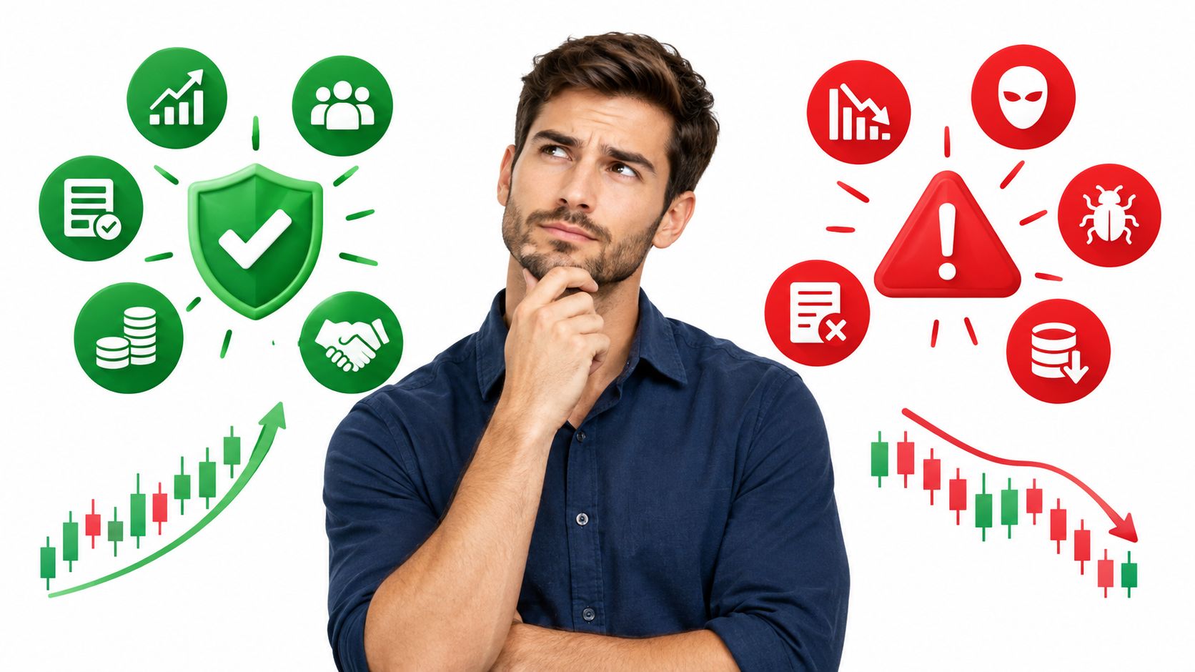 Hombre pensando entre iconos de seguridad positiva con ganancias y riesgos de ciberseguridad con pérdidas financieras