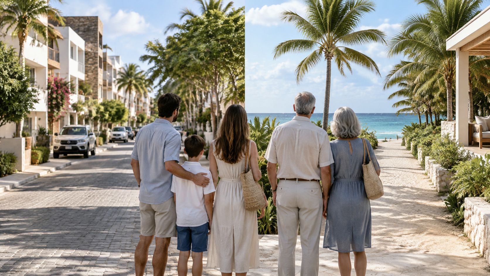 Familia de varias generaciones paseando por una calle residencial que conecta con una playa paradisíaca tropical.
