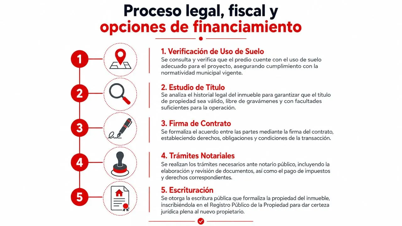 Infografía que explica los cinco pasos legales y fiscales necesarios para adquirir una propiedad inmobiliaria exitosamente.