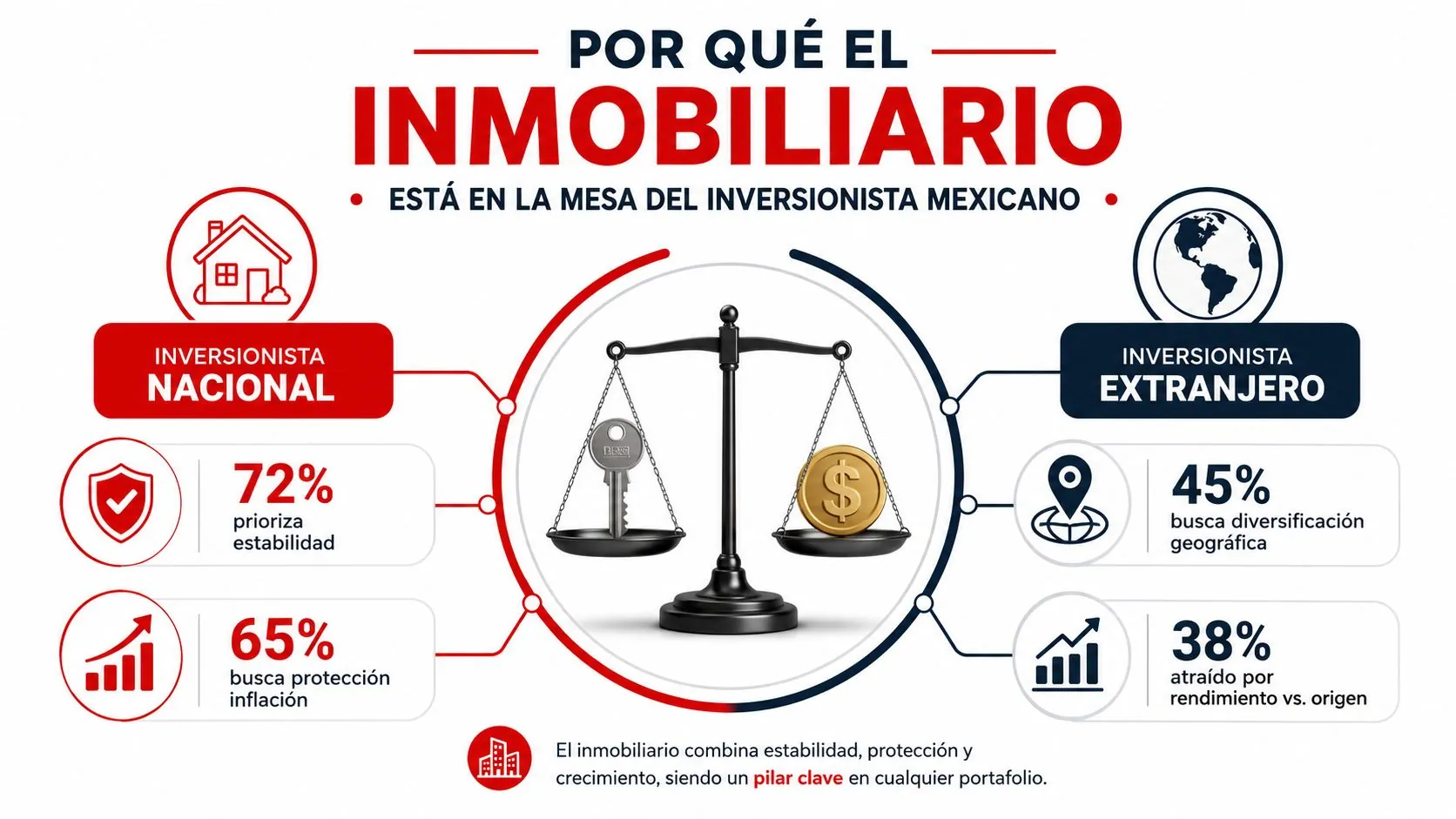 Infografía sobre razones por las que inversores nacionales y extranjeros eligen el sector inmobiliario en México.