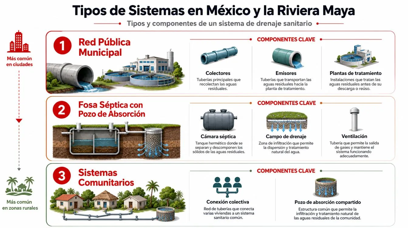Infografía sobre los tipos de sistemas de drenaje sanitario utilizados en México y la Riviera Maya.