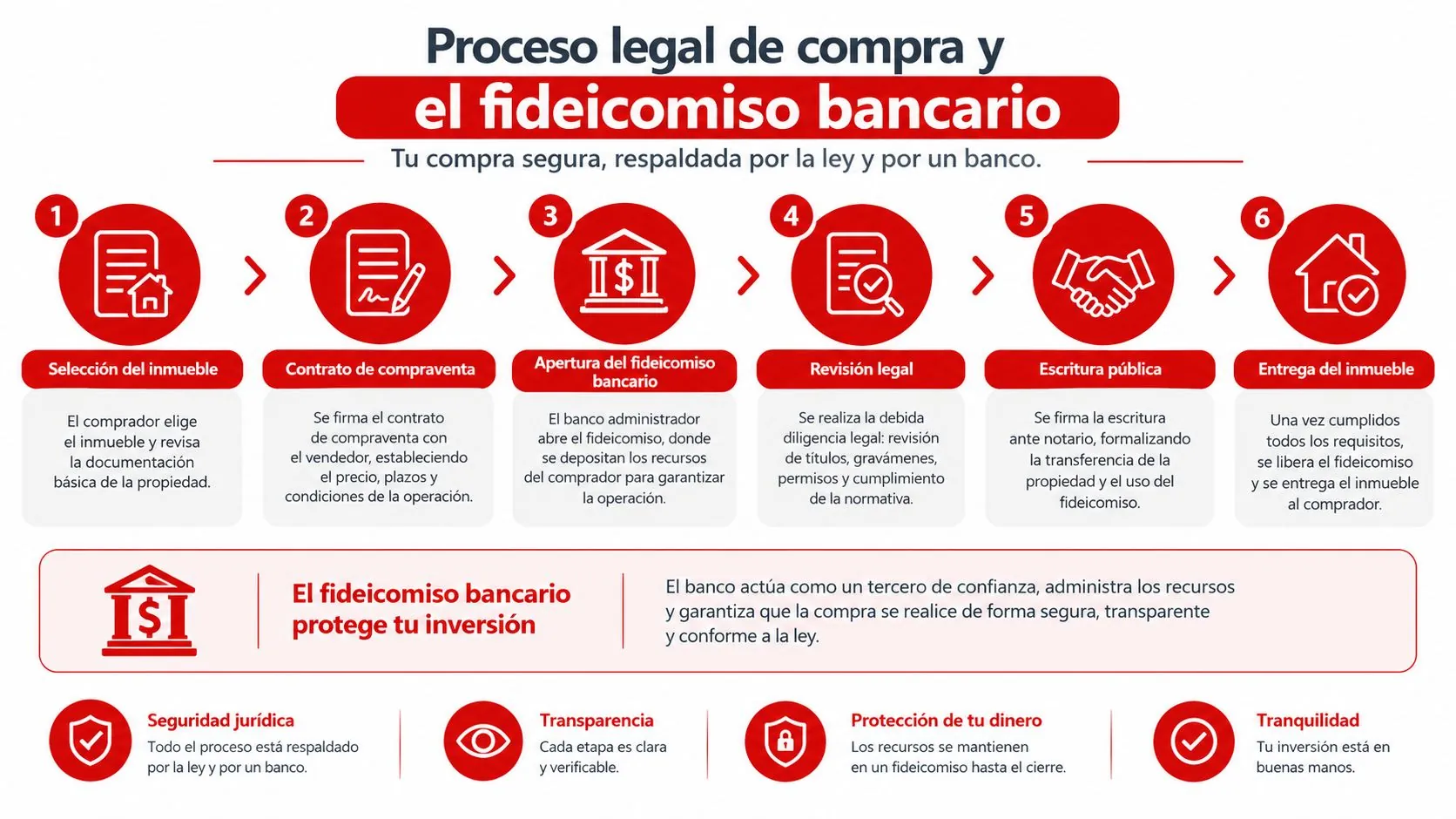 Infografía que explica los seis pasos del proceso legal de compra de inmuebles mediante fideicomiso bancario.